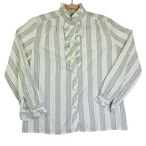 Lady Holiday Vintage Ruffle Neck Striped Blouse White Black Long Sleeve Top